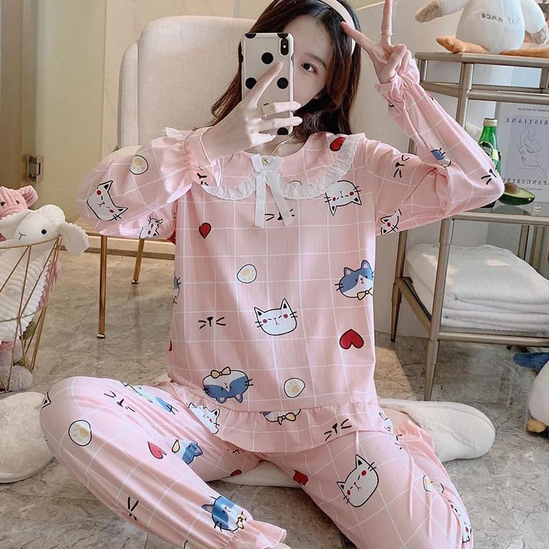 

Autumn New Long Sleeve Women Pajamas Set Sweet Cartoon Cute Print Lace Princess Pyjamas Set Doll Collar 2 Piece Home Sleep Wear