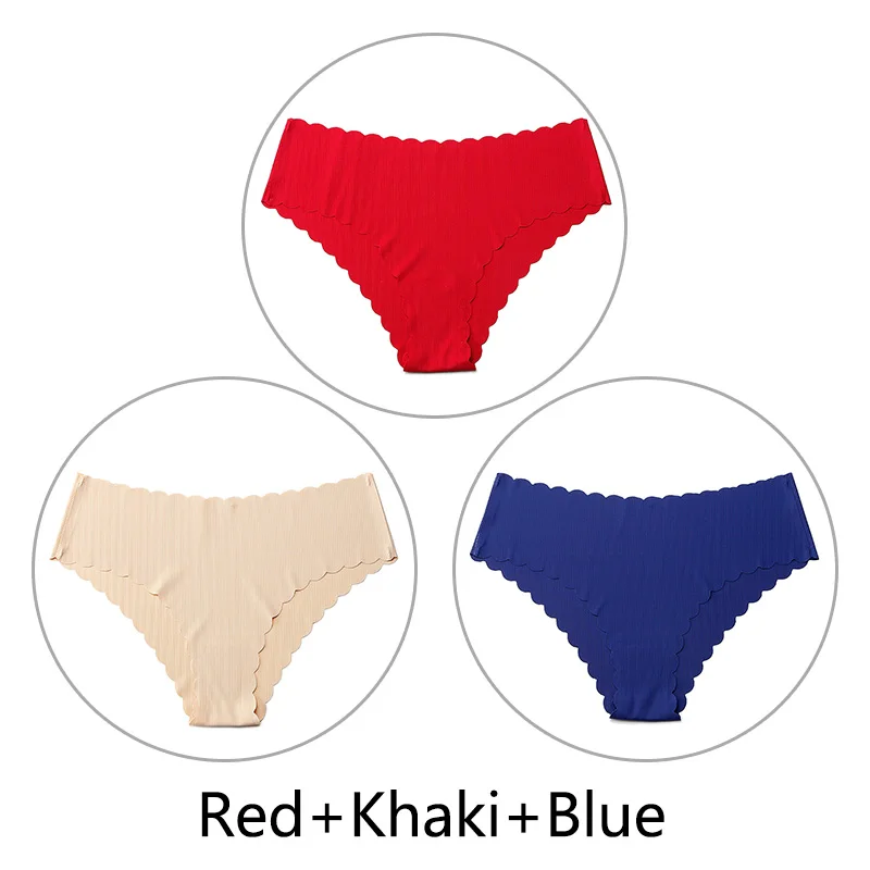 Red Khaki Blue 3 шт./партия, сексуальные бесшовные трусики с оборками для женщин, полосатые трусы с низкой посадкой, цельное нижнее белье, женское нижнее белье, американский размер xs-l - Цвет: Red Khaki Blue