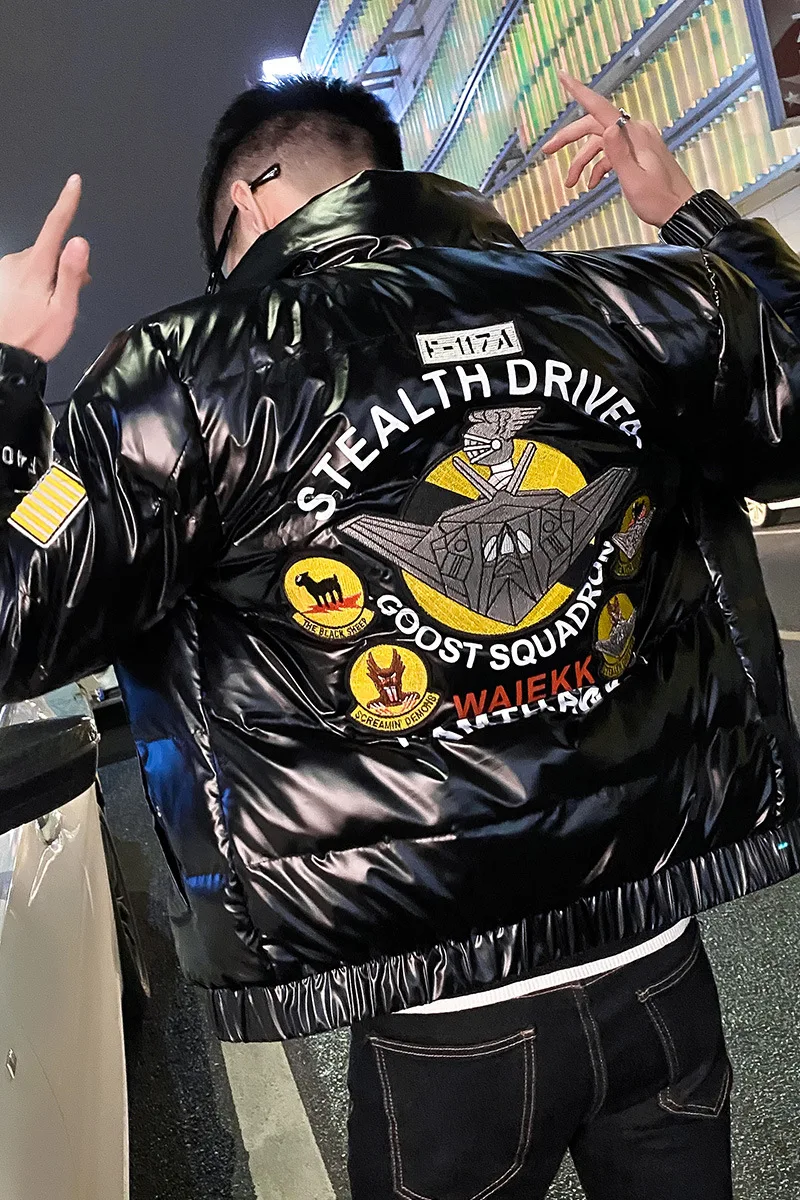 

Men's fashion brand stand-up collar autumn and winter style Korean badge design shiny face social guy slim trend men's jacket