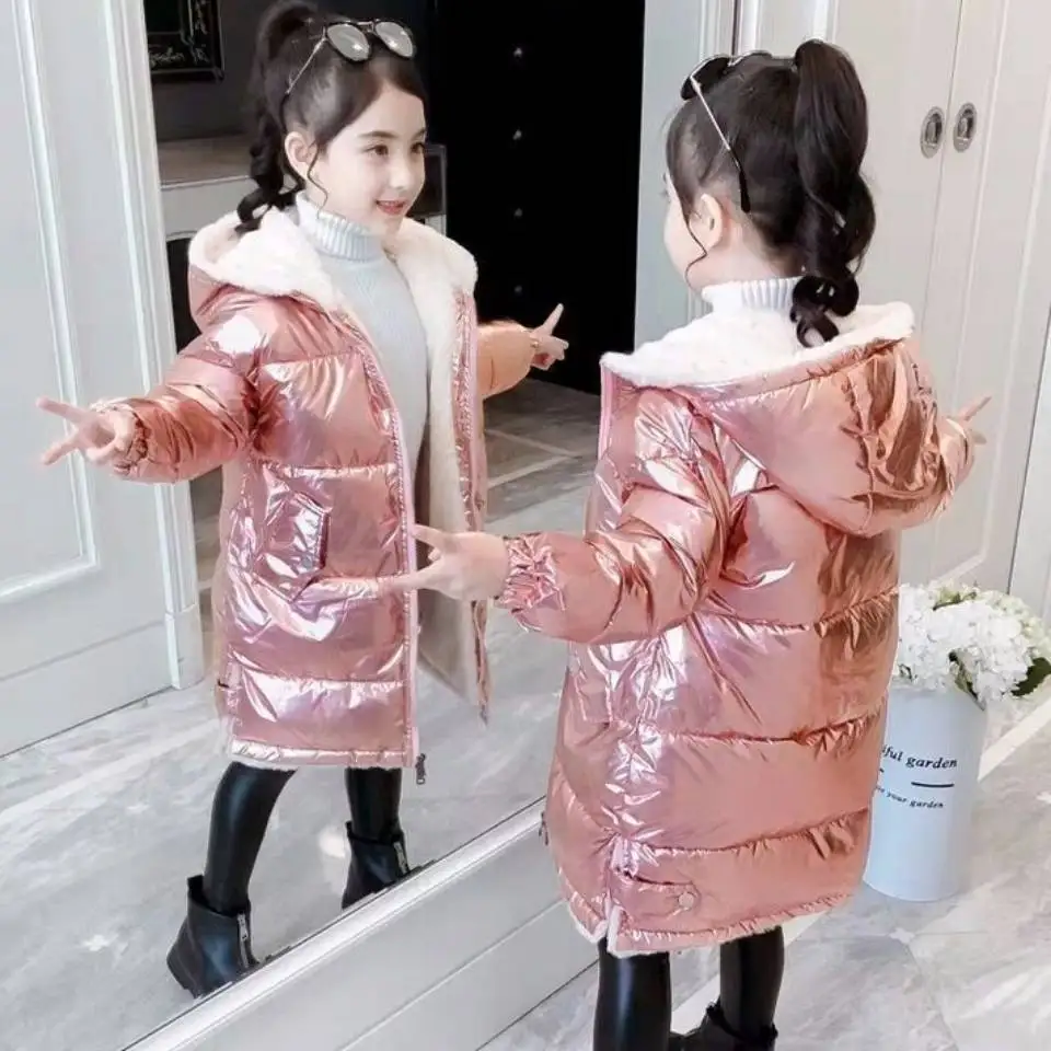 

Cute New Girls Casual Thick Down Cotton Parkas Coats Pink/Silver Hooded Outerwear Baby Kids Wam Winter Long Children Jackets