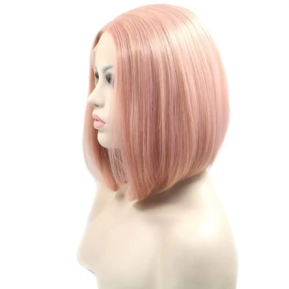 Персиковый розовый короткий боб синтетический парик фронта шнурка оранжевый для
