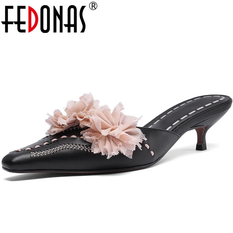 

Женские туфли-лодочки на высоком каблуке FEDONAS, вечерние туфли из натуральной кожи с острым носком и цветочным принтом, свадебные туфли