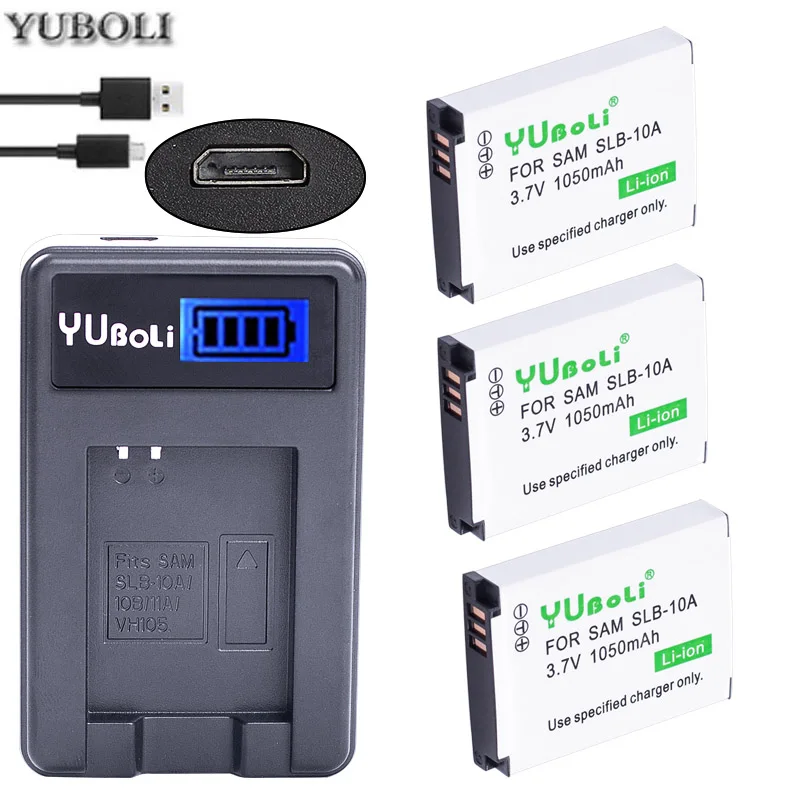 charger and 3battery Yuboli 1050 мА/ч, SLB-10A SLB10A SLB 10A Батарея+ ЖК-дисплей USB Зарядное устройство для samsung HMX-U10 HMX-U100 SL720 HZ15W SL310W SL820 HZ10W ES60 - Цвет: charger and 3battery