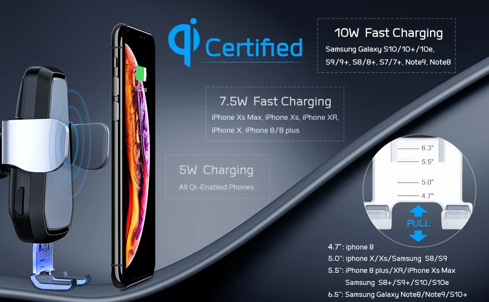 Qi Беспроводное Автомобильное зарядное устройство, 10 Вт/7,5 Вт быстрая зарядка, вентиляционное отверстие моторизованный держатель сотового телефона для автомобиля, совместимый с iPhone