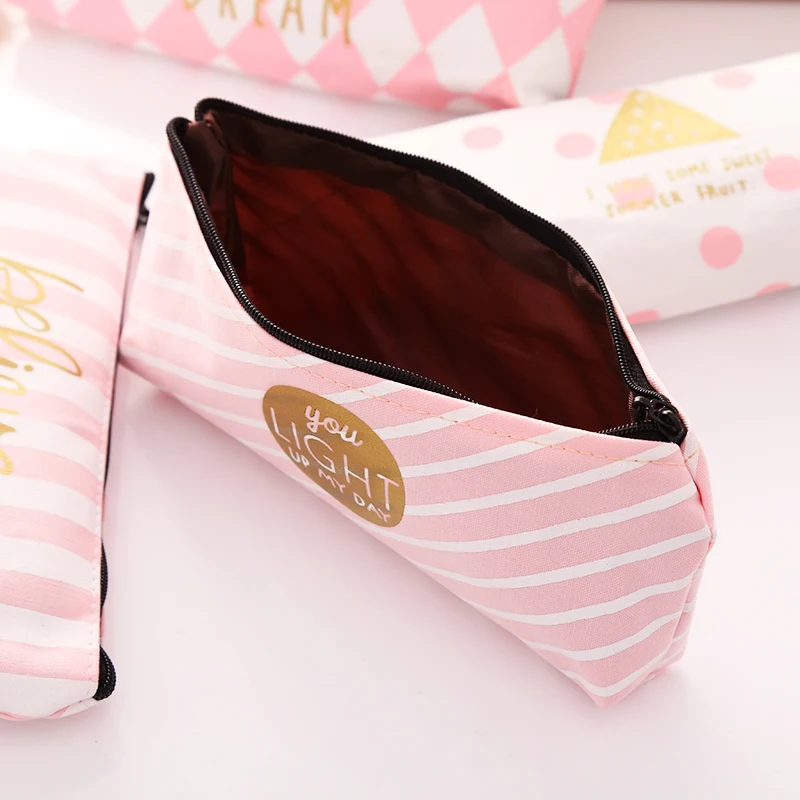 1pc Pink Stripe Pencil Case for Girls Canvas Bag School Supplies Office Accessories Chancery Stationery Pen Storage | Канцтовары для