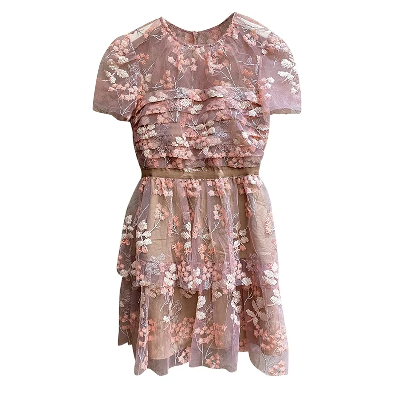 

Женское модельное платье с цветочной вышивкой, элегантное розовое платье мини с короткими рукавами и оборками, лето 2021