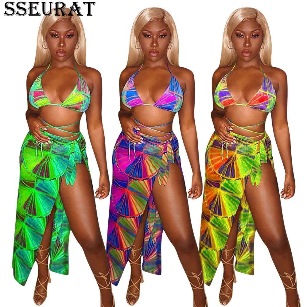 

SSEURAT Print 3 Piece Bikini Sets Women Halter Beachwear Bra Tops+underpant+side Split Maxi Skirts Summer Swimsuit