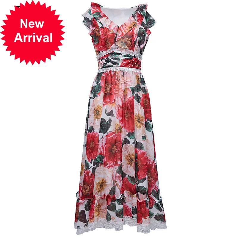 

New 2021 Fashion Runway Summer Chiffon Dress Women V-neck Ruffle Elastic waist Floral print Vacation Midi Dress