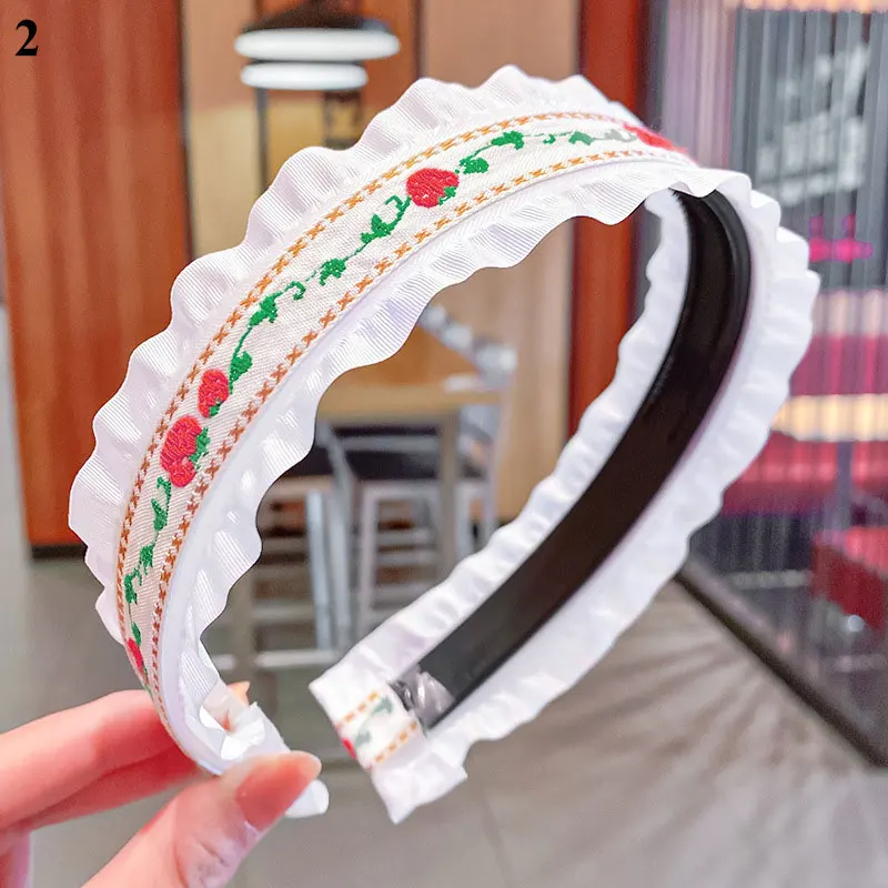

Fashion Hair Accessories Sweet Embroidery Headband Wide-brimmed Lace Wave Hairbands Vintage Flower Fruit Print Hair Hoop