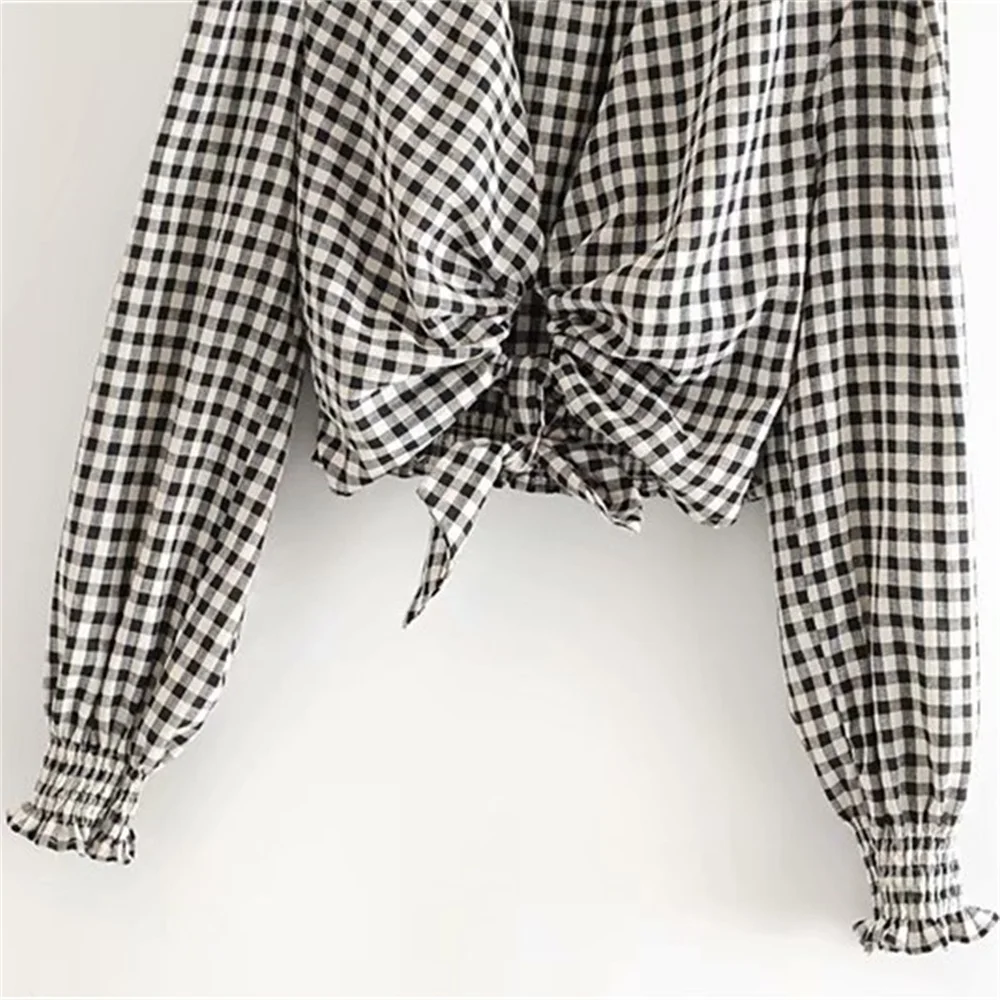 

2020 Summer Women's New French Retro V-Neck Long Sleeve Casual Wild Fashion Trendy Thin Bow Plaid Short Shirt