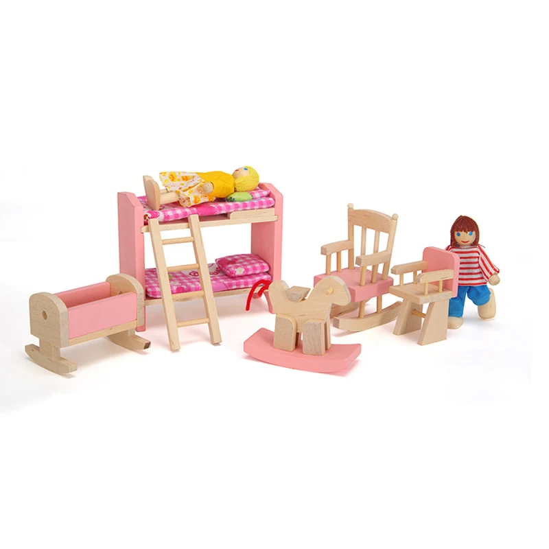 

Pink Wooden Doll House Furniture, Wood Miniature Bedroom Furniture Dollhouse Doll Decoration Accessories Pretend Kids Toy