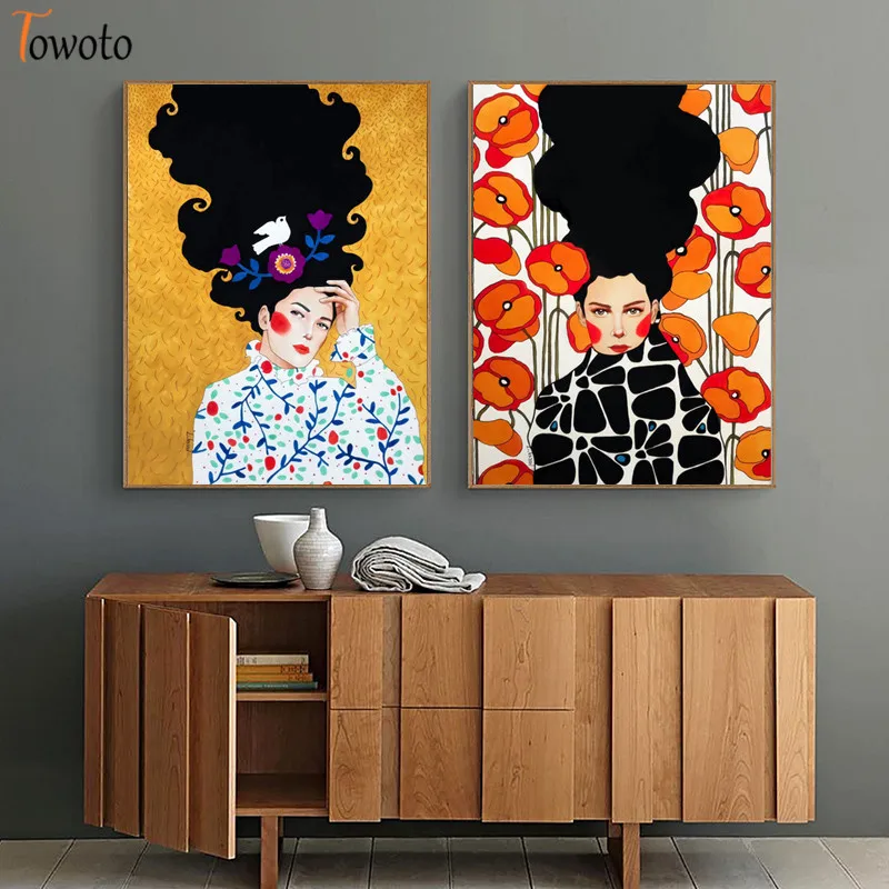 Абстрактная Картина на холсте с изображением девушек волос цветов птиц
