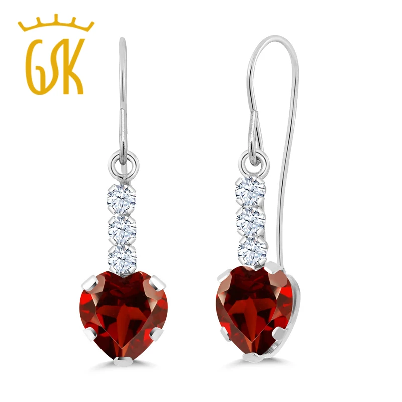 2 04 карат в форме сердца Красный Гранат Белый сапфир 14K белое золото серьги|earrings