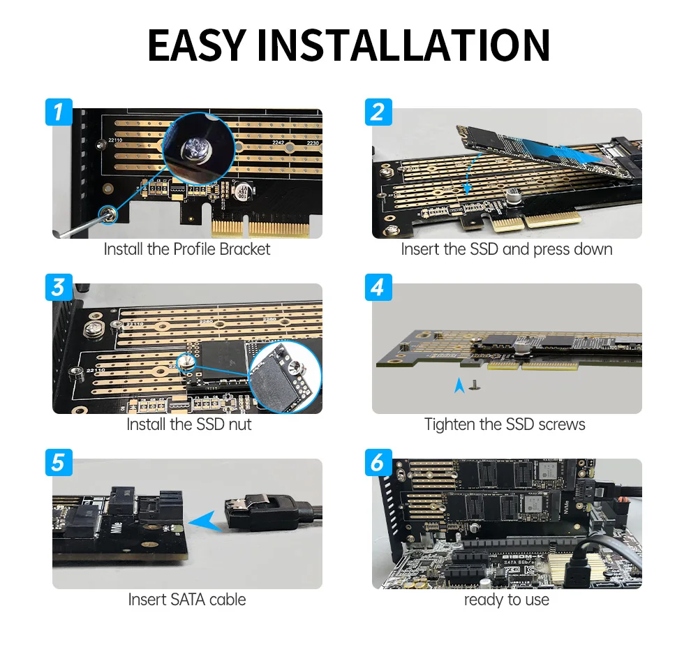 AMPCOM Dual M.2 PCIE 4 0 адаптер для NVMe / SATA SSD NVME (m Key) и (b PCIe x4 слот с полным/низким профилем |