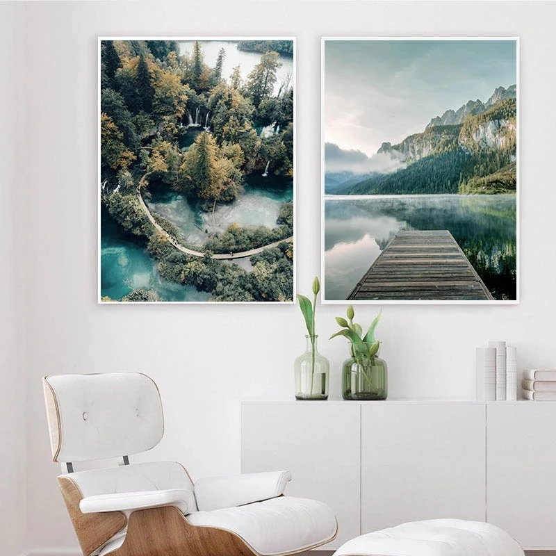 Туманный лес озеро лодка Природа Пейзаж Плакат скандинавский Wall Art плакат Nordic