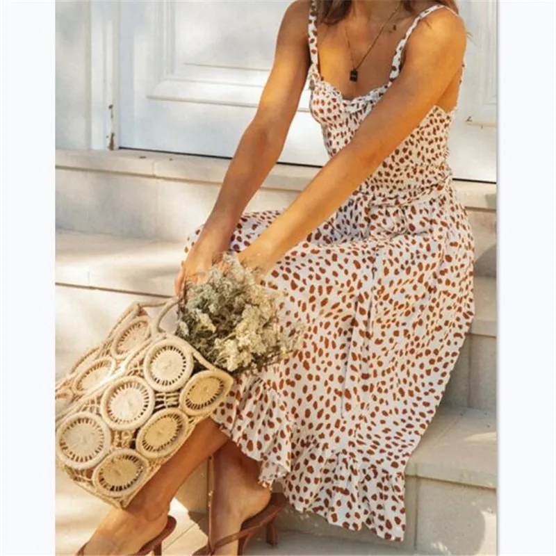 

Casual Elegant Dot Women Maxi Dress 2020 Fashion V-neck Ruffles Dress Spaghetti Straps Dress