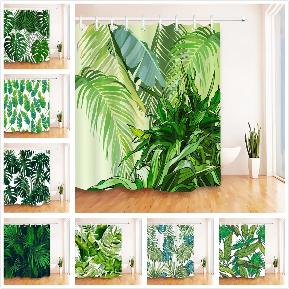 

Green Leaves White Shower Curtain Tropical Jungle Bathroom Nature Waterproof Mildew Resistant Polyester Fabric for Bathtub Decor
