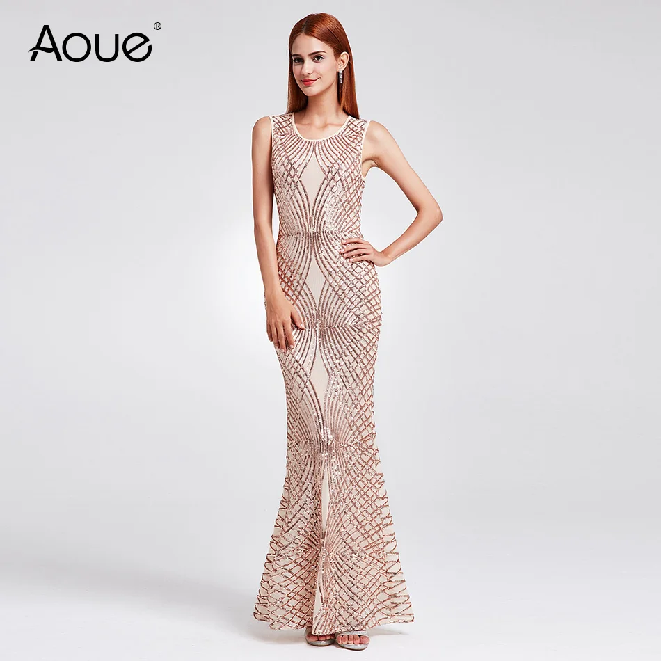 Женское вечернее платье с круглым вырезом Aoue Тюлевое без рукавов блестками