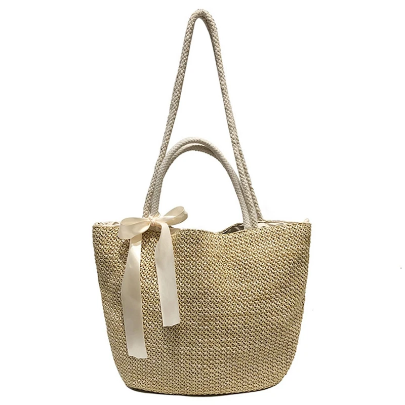 

Straw Bag, Bowknot, Ladies Tote Bag, Drawstring Beach Hand-Held Single-Shoulder Diagonal Large Bag