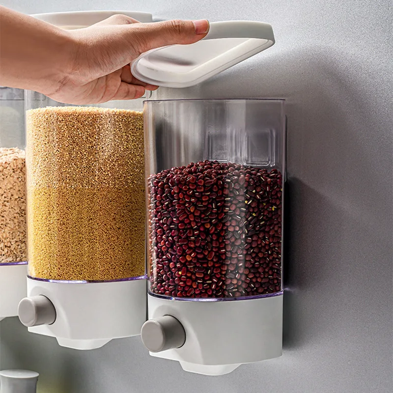 

Wall Mounted Press Cereals Dispenser Grain Storage Box Dry Food Container Organizer Kitchen Accessories Tools