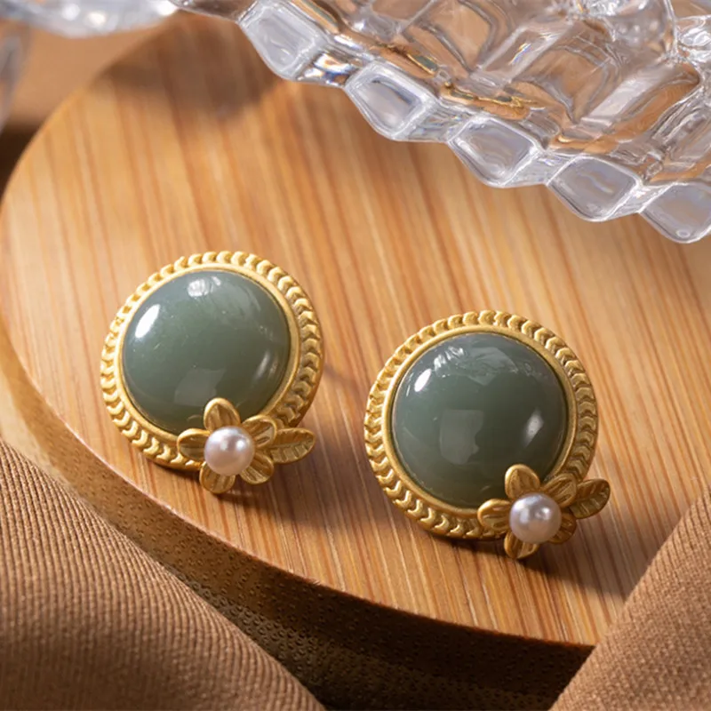 

Uglyless Simple Gemstones Buttons Earrings for Women Gold Flowers Studs Earrings Natural Jade Pearls Floral Brincos 925 Silver