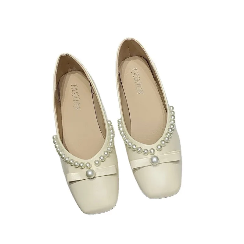 

Slip On Shoes For Women Casual Female Sneakers Flats Modis Pearl Decorateion Square Toe Shallow Mouth Slip-on Dress 2021 Beading