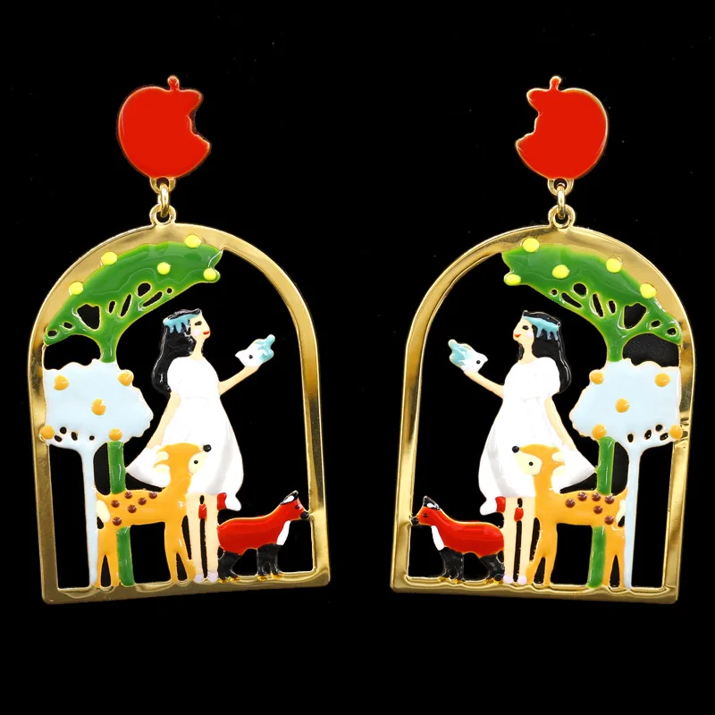 

European and American Snow White earrings Fashion Trend Enamel Glaze White Skirt Girl Deer Fox Bird Apple Stud Earrings Ear Clip