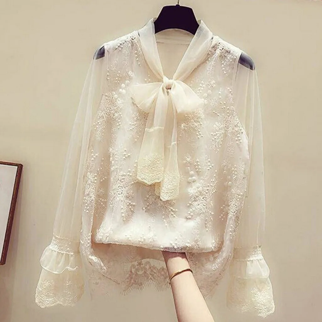 Модная кружевная блузка с галстуком-бабочкой рубашка перспективным рукавом