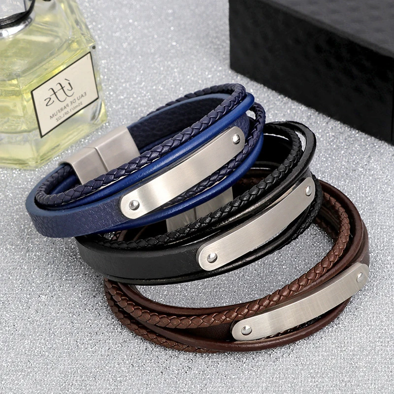 Мужские кожаные браслеты на заказ с гравировкой из нержавеющей стали