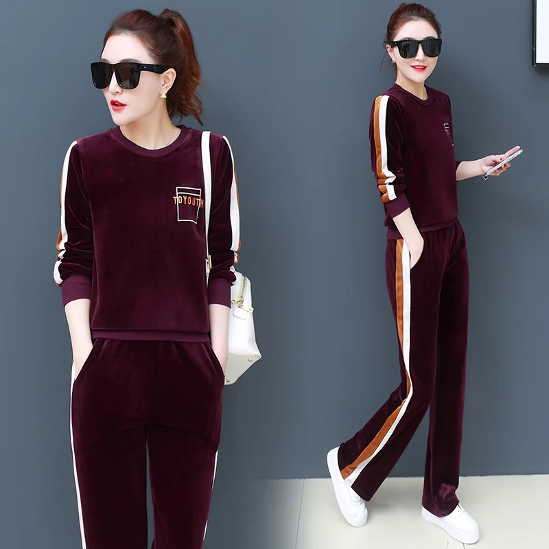 Бархатный спортивный костюм для женщин 2019 зимний женский с вышивкой буквами Плюс