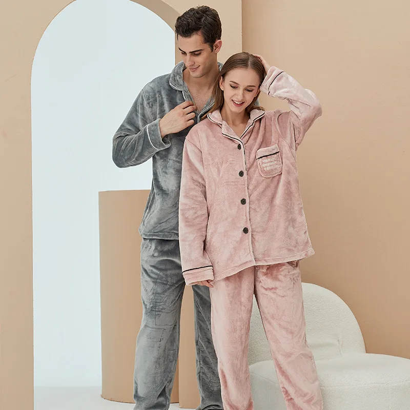 Flannel Fall/Winter Coral Fleece Thicken Home Furnishing Warm Suit Embroidered Men Pijamas Women Sexy 2 Piece Set