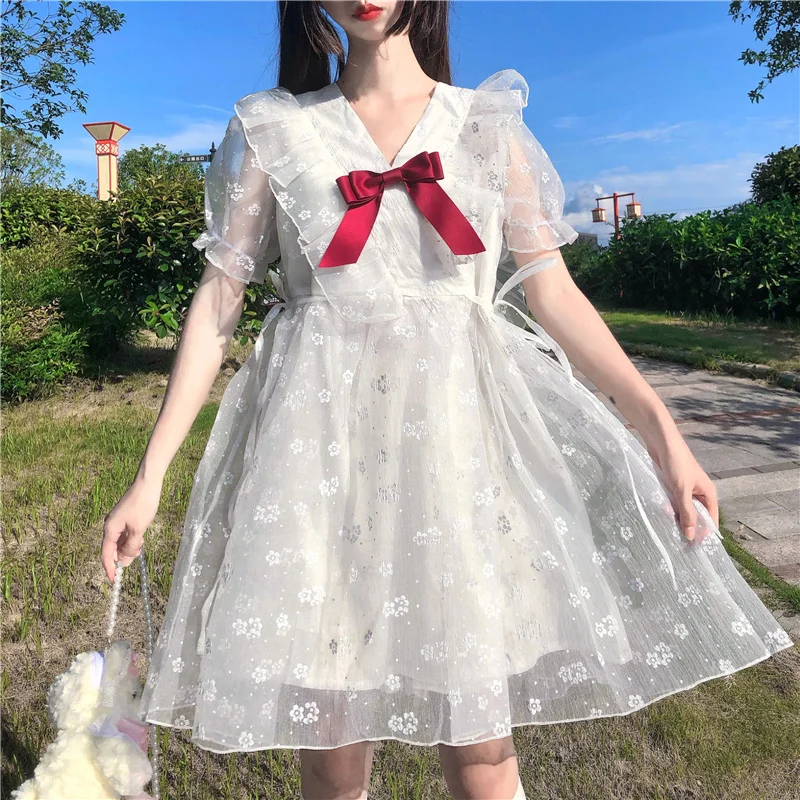 

Women Dress 2021 New Summer Sweet Japanese Style Fairy Net Yarn Stitching Floral Bow Tie V-neck High Waist Dress Female