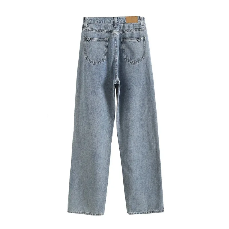 

2021 Spring New Korean Style High Waist Hollow-out Love Embroidered Loose Straight Wide Leg Jeans for Women