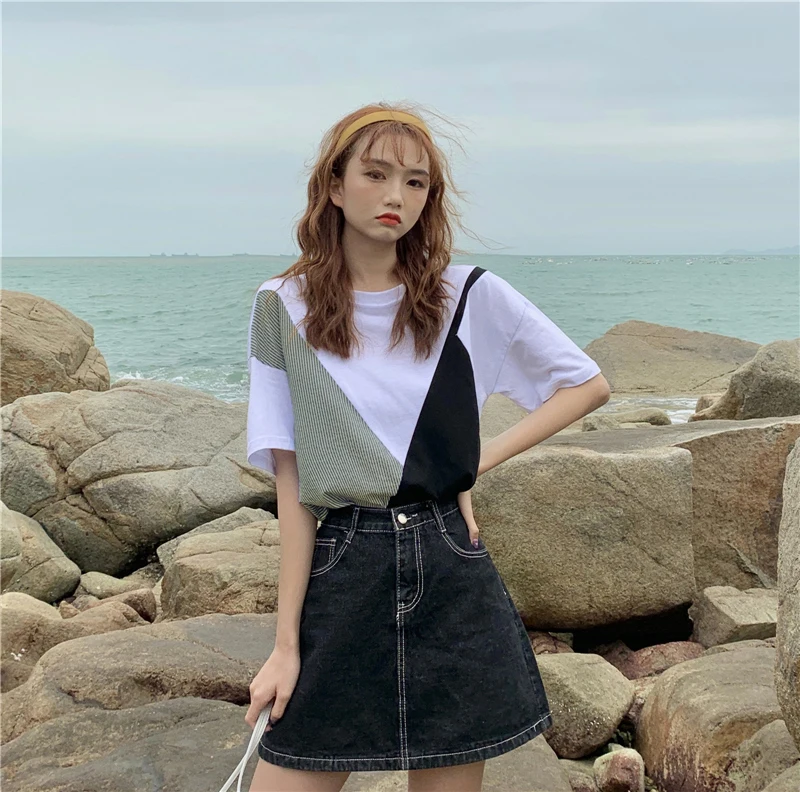 

3 Sizes Cotton Fashion Patckwork Simple Summer Short Sleeve New Arrival Vintage Basic Women Female Top T-shirts