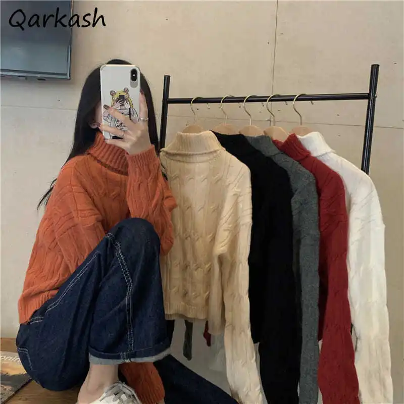 

Turtleneck Sweater Women Simple Cozy Warm Autumn Knitted Leisure Jumper Female Clothing Vintage All-match Solid College Loosely