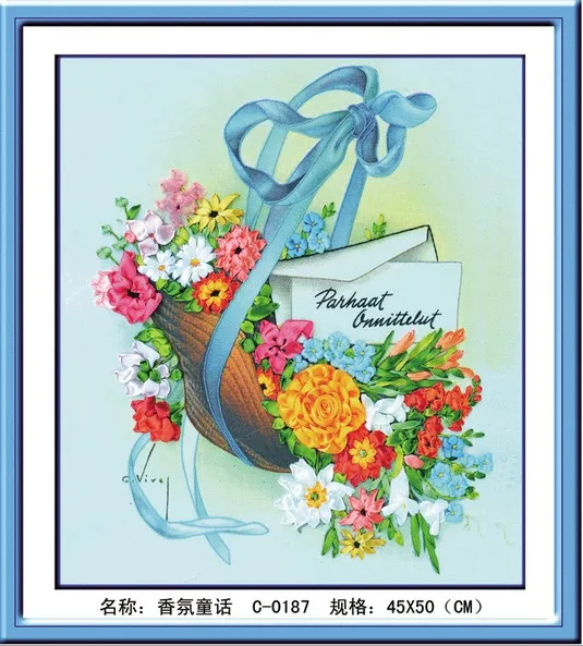 

3D flower basket Ribbon embroidery kit with needle canvas paint handcraft stain DIY handmade needlework wall art decor gift 329
