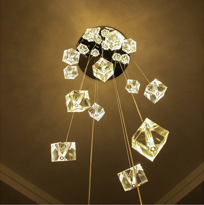 安い 現代クリスタルシャンデリア照明大ルームスパイラル階段シャンデリアリビングルームクリスタルランプ階段正方形