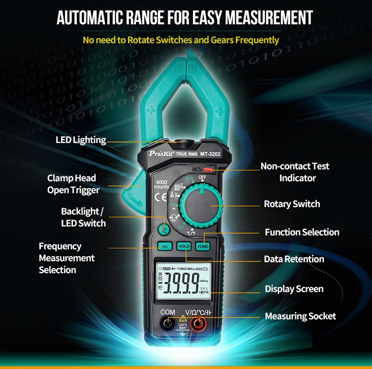 

Clamp Meter Multimeter Pro'sKit 3-5/6 True RMS DC AC Capacitance NCV Ohm Voltage Tester Auto Range True RMS Temperature