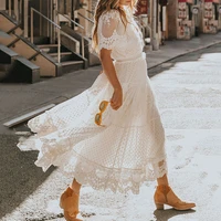 dressv white prom dresses v neck short sleeve lace hollow sweet floral polka dots vintage mid calf women prom party dress 2020