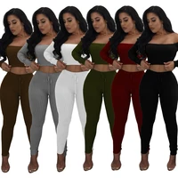 2022 new ribbed knitted 2 piece set women slash neck off shoulder cropped top bodycon elastic pants sports jogger female