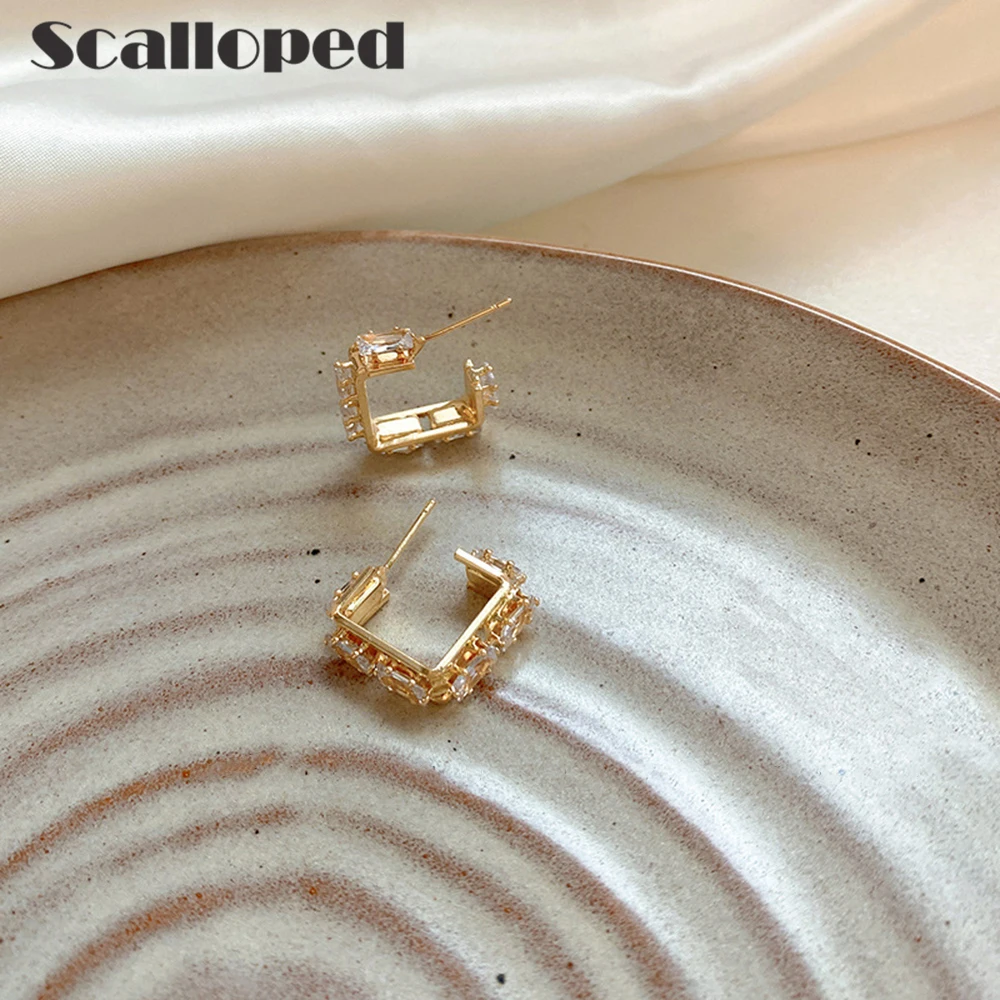 

SCALLOPED Korean Winter New Chic Square Geometric Crystal Stud Earrings High Quality Gold Plated Women Statement Jewelry Brincos