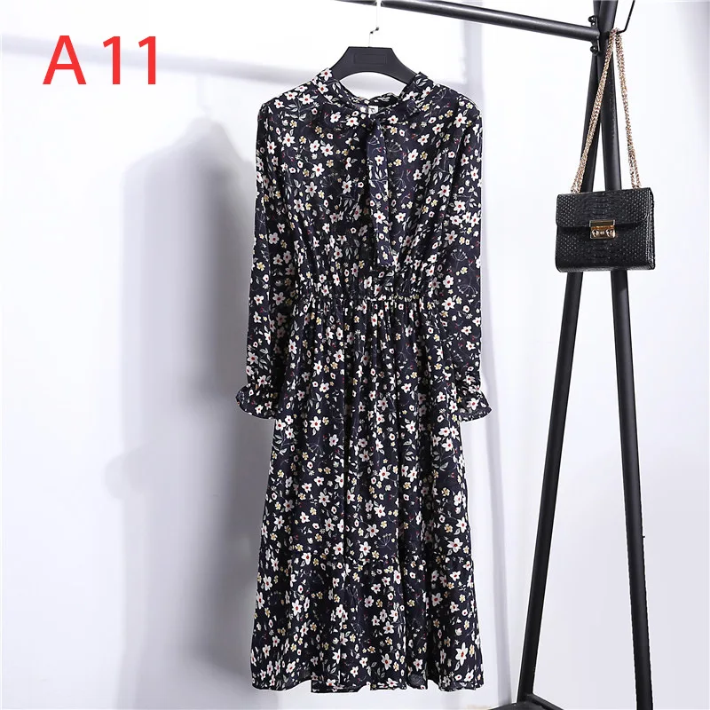 Миди Цветочное платье с длинным рукавом Женская Корейская черная рубашка Vestidos офисная в горошек винтажное осеннее платье женское зимнее платье