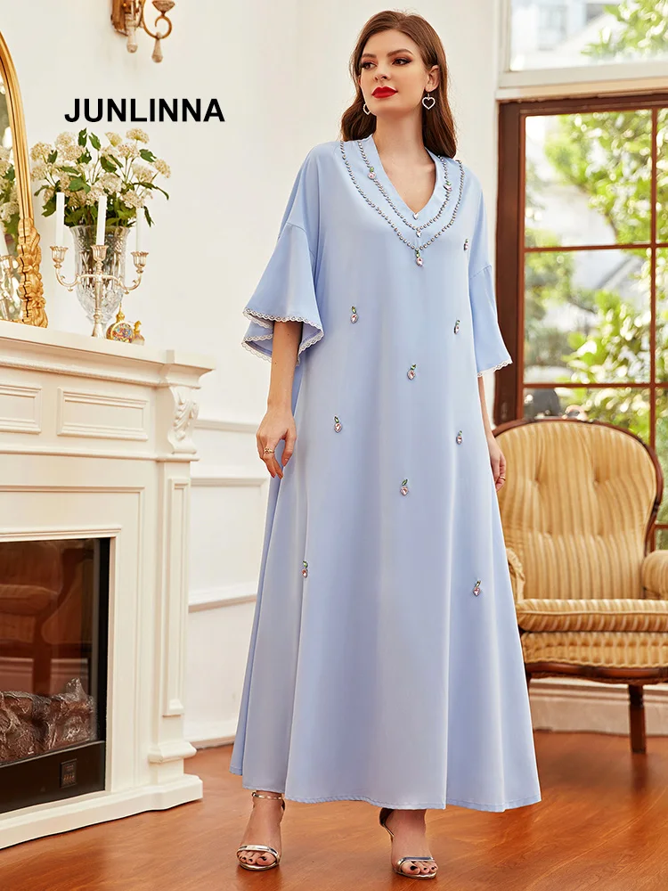 

Handmade Craft Rhinestone Decorate Dress 2021 Fashion New Women Robe Loose Dresses V Neck Half Flare Sleeve Long Vestidos
