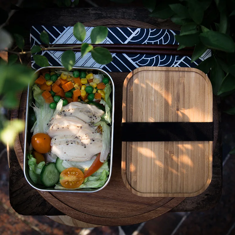 800ml Stainless Steel Lunch Box with Bamboo Lid Bento Sushi Snacks Container Convenient Holder Silver