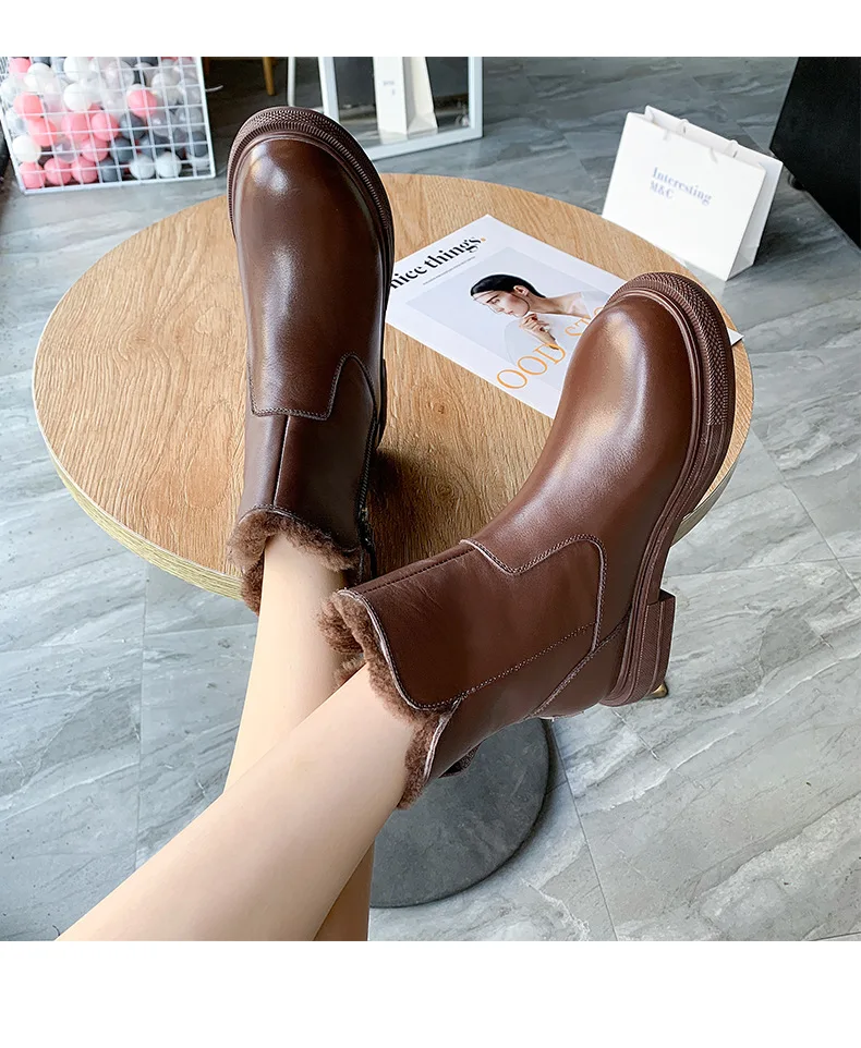 Zapatos de mujer; Новинка года; зимние кожаные женские хлопковые ботинки; шерстяные пинетки с боковой молнией; кожаные женские ботинки