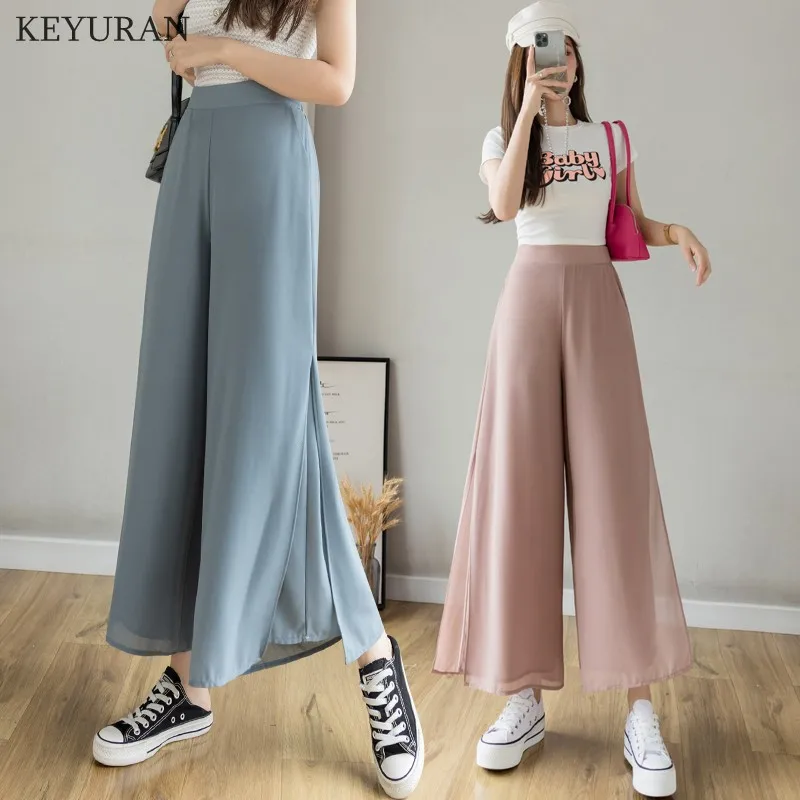 

Women Chiffon Split Wide Leg Pants 2021 Spring Summer Vintage Elegant High Waist Casual Solid Pantalon Female Cropped Trousers