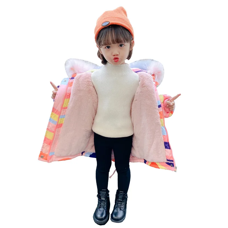 

Girls Wave Lattice Parka 2020 Korean Style Winter Clothes Baby Fashionable Fleece-Lined Cotton Clothes Children Clothing Tide