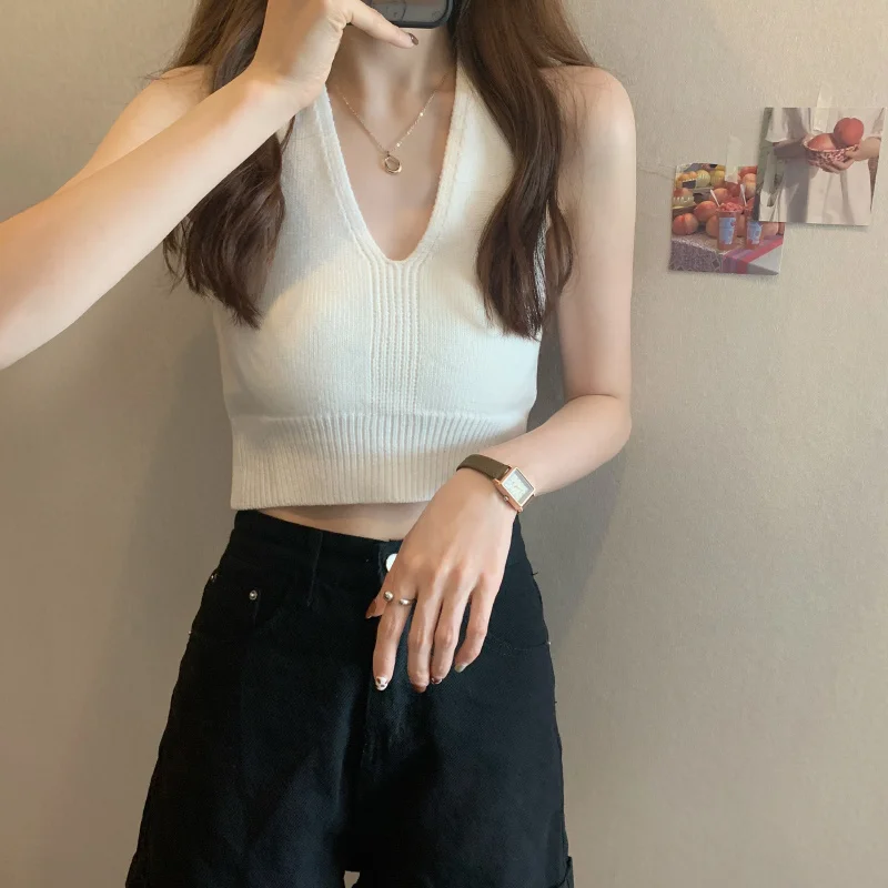 

Xia 2021 New Korean Sexy Neck Strap High Waist Short Top with Exposed Navel Knitted Suspender Vest for Women