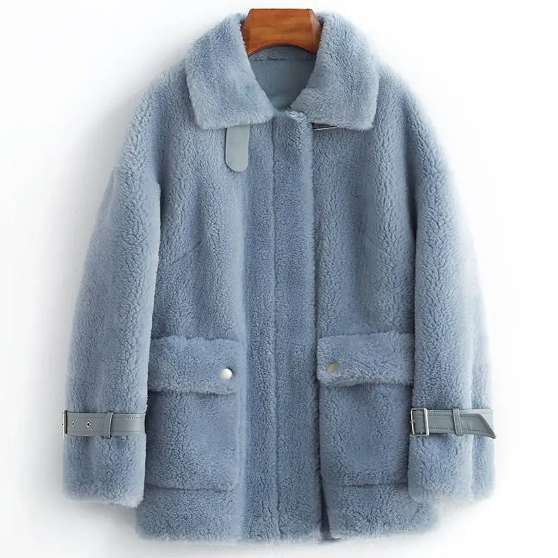 

Women 2021 Winter Fashion Real Wool Fur Overcoat Female Sheep Shearing Jacket Casual Warm Coats Ladies Outwear with Belt