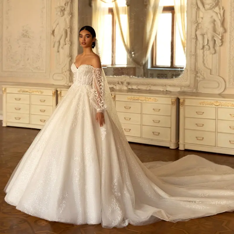 

New Beach Wedding Dresses 2020 Bead Applique A Line Sweetheart Vestidos De Novia Customize Sweep Train Long Sleeve Bridal Gowns